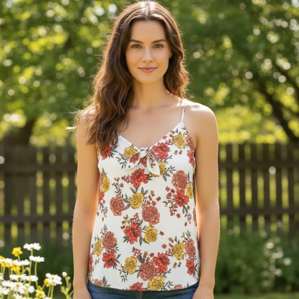 NEW Loft S White Floral Knot Tie Tank Top Boho Coastal Cottage Bloom Casual‎ Mod